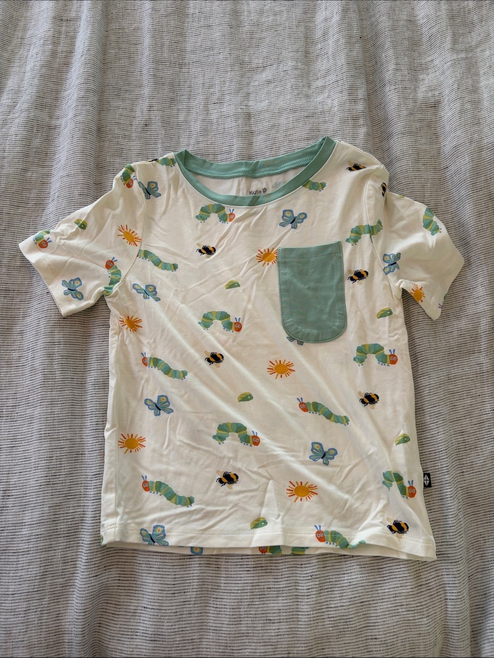 Kyte BABY Cream Tee with Green Trim & Pocket, Caterpillar & Bug Print
